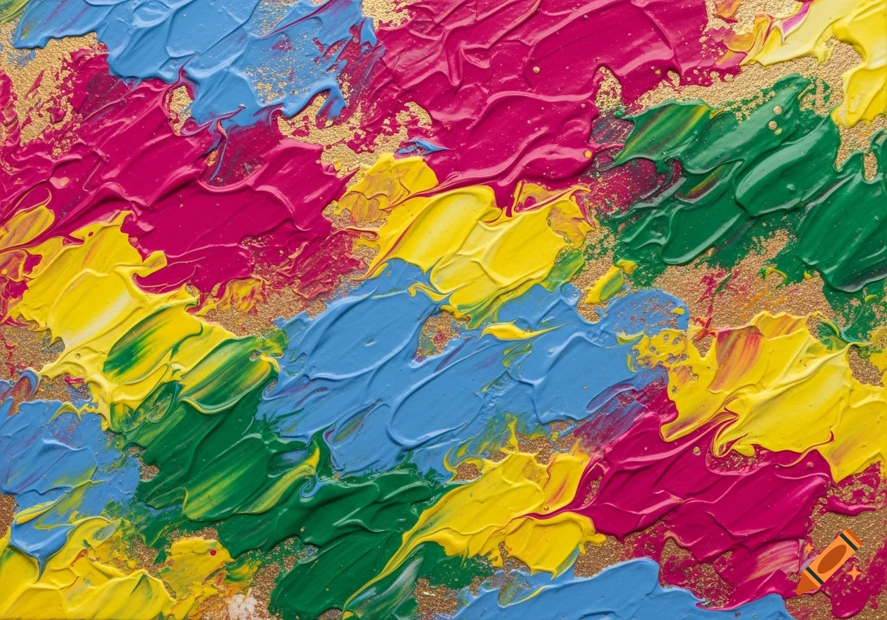 Abstract painting with thick, vibrant brushstrokes of magenta, blue, yellow, and green paint on a gold textured background.