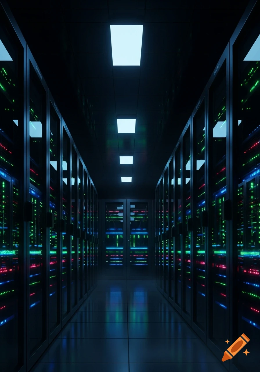 A long corridor in a dark server room, lined with glowing server racks featuring green, blue, and red LED lights.