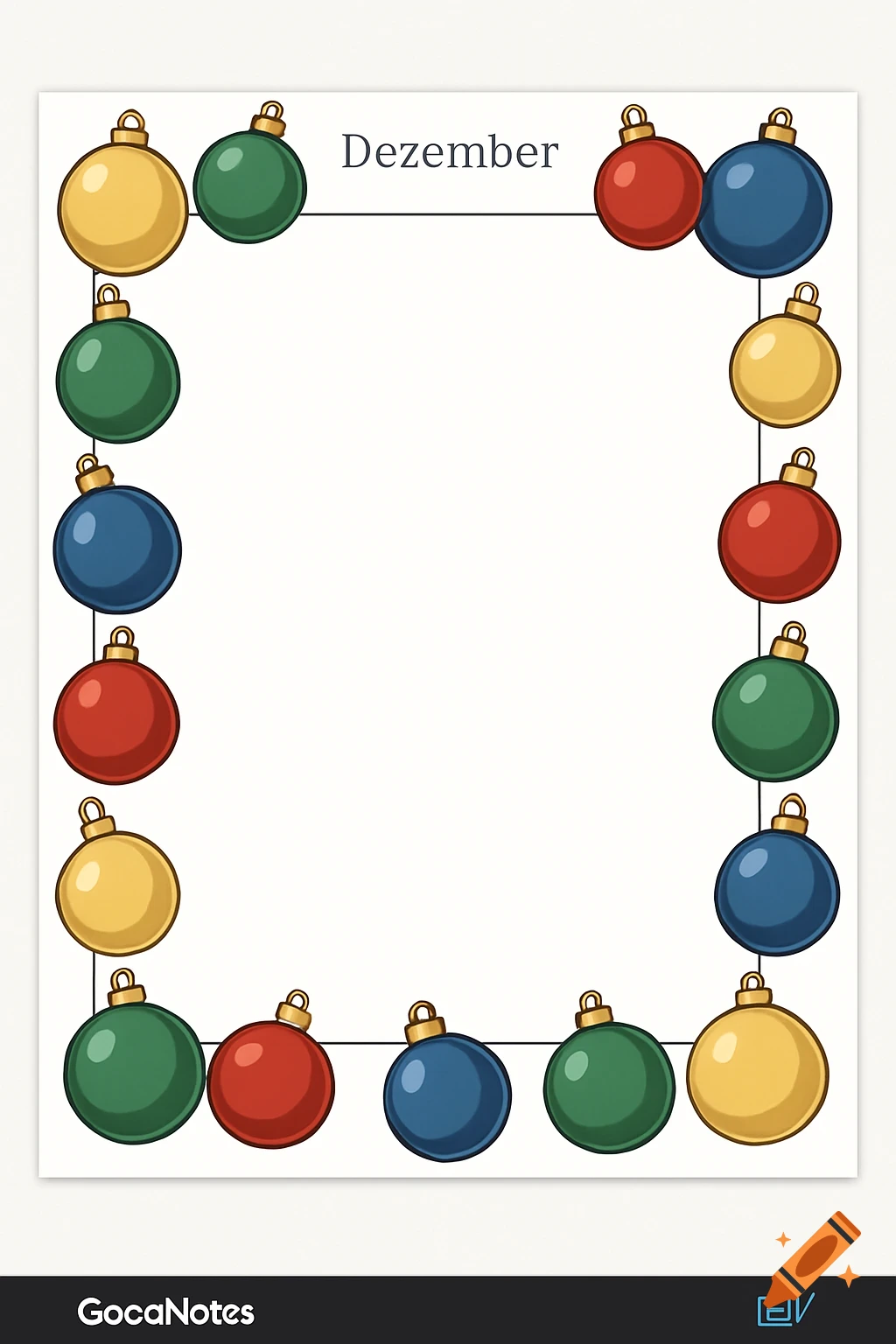 Digital journal page with a border of colorful Christmas ornaments in red, green, blue, and gold. The text "Dezember" is at the top center.