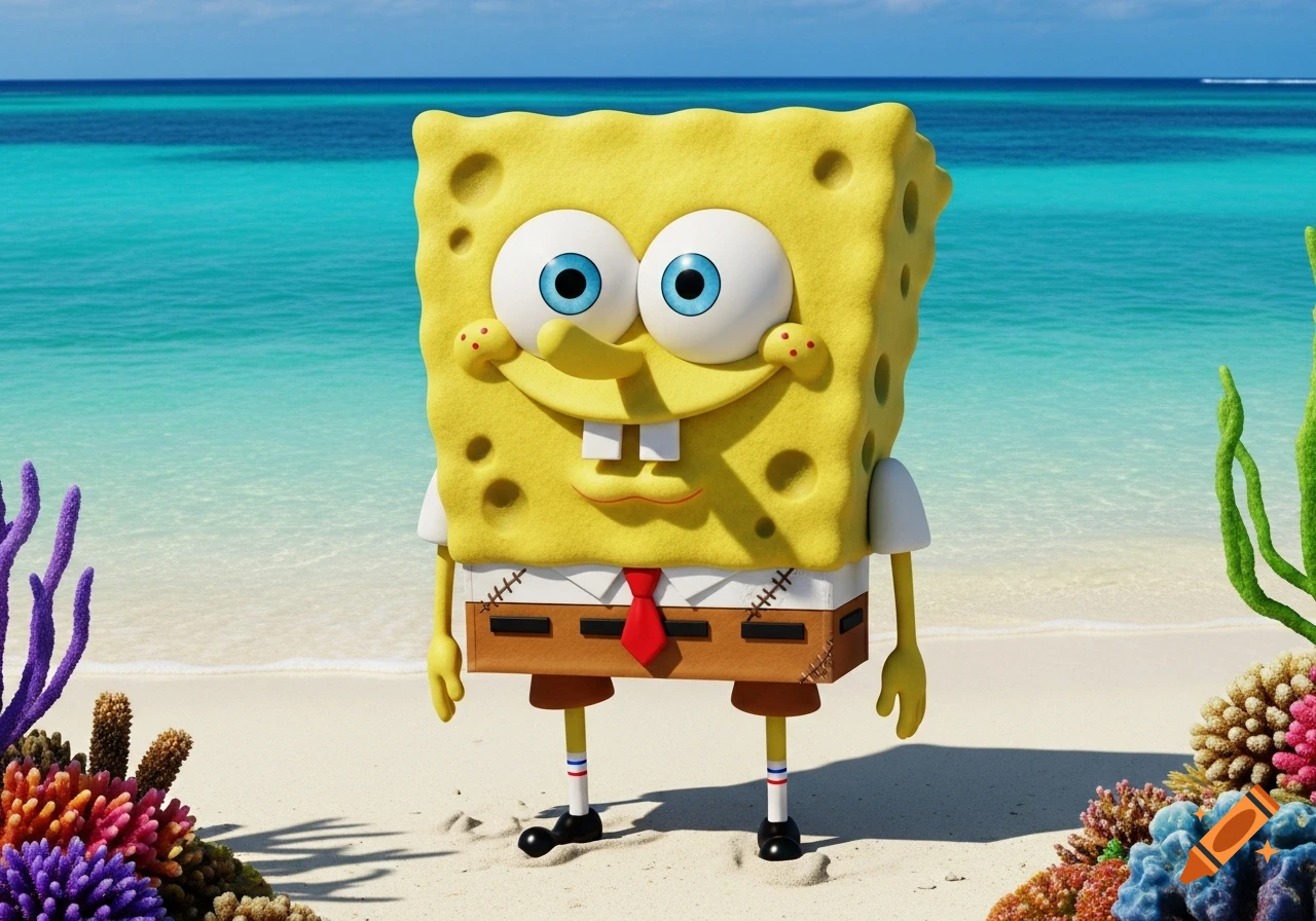3D render of Spongebob Squarepants standing on a sandy beach with turquoise ocean water and colorful coral.
