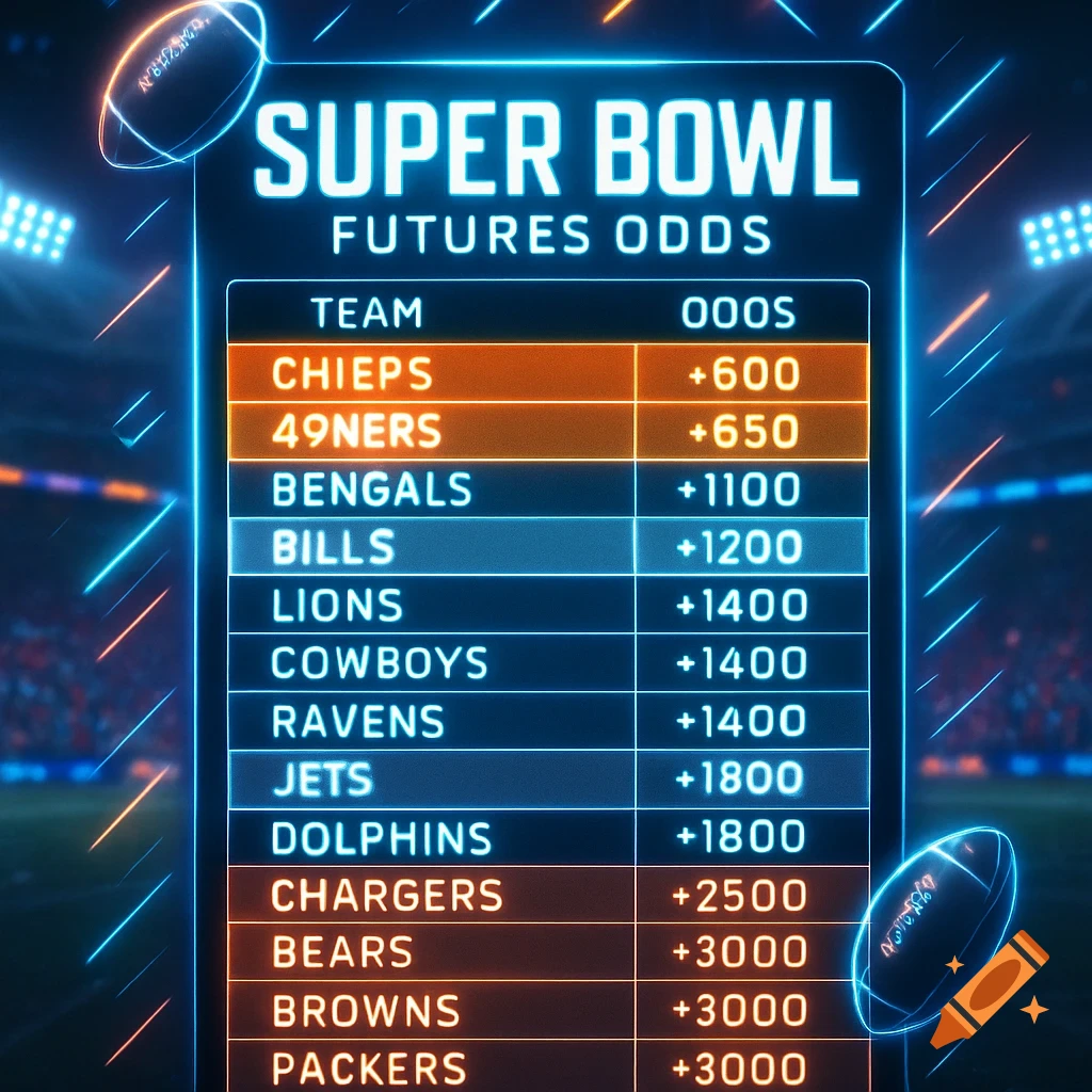 A neon glowing graphic displays Super Bowl futures odds for NFL teams in a table against a stadium background.