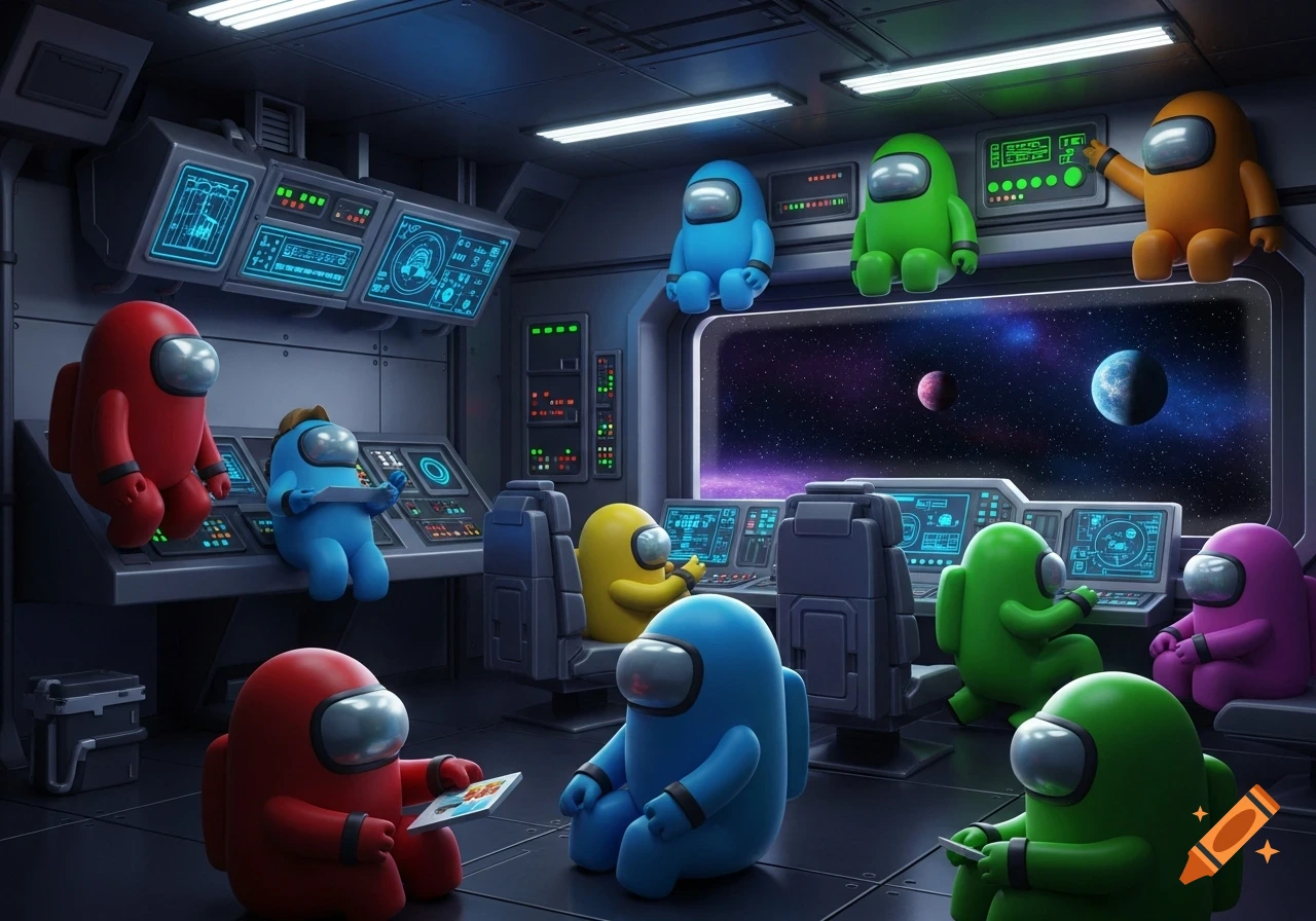 Colorful Among Us crewmates work and sit in a detailed spaceship control room with planets visible through a window.