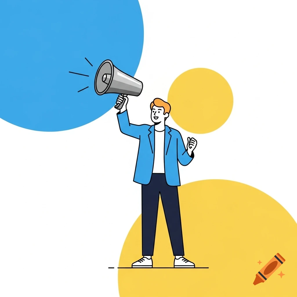 Minimalist illustration of a person holding a megaphone, conveying motivation and leadership, with blue and yellow circles.