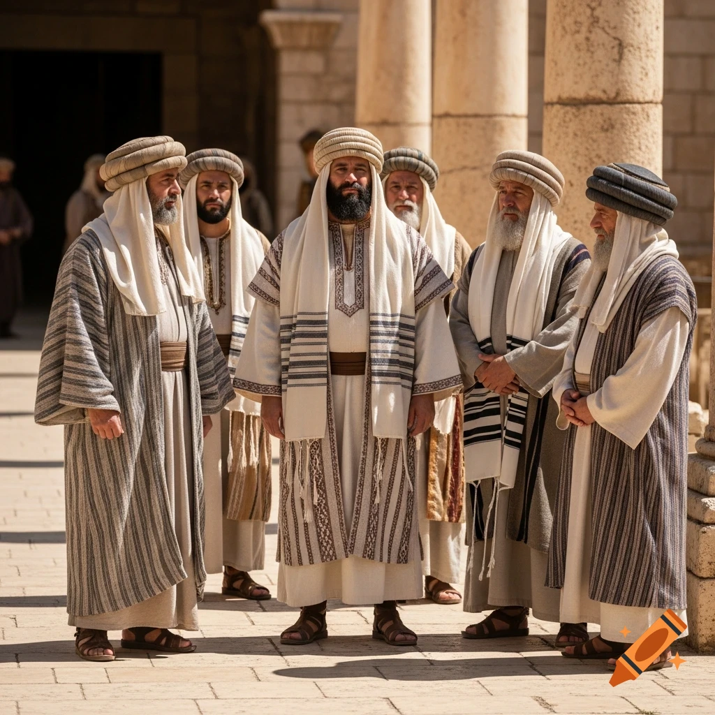 Several men in traditional Middle Eastern robes, head coverings, and beards stand in a sunlit stone courtyard with pillars.