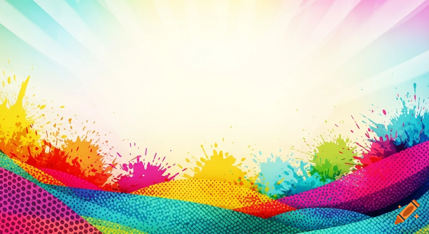 Vibrant abstract background with a white center fading into colorful paint splatters and wavy, patterned shapes at the bottom.