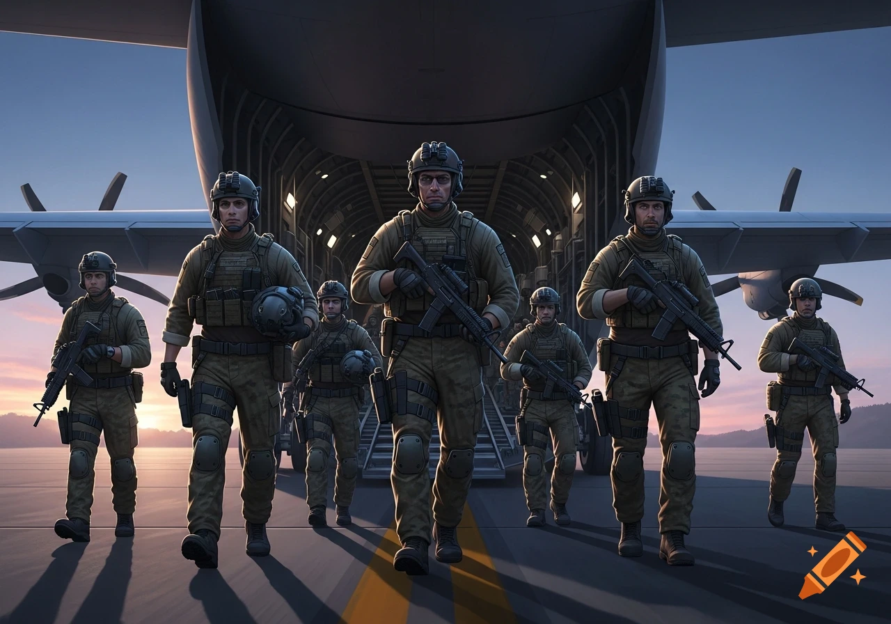 A group of soldiers in military gear march out from the open rear of a large transport aircraft on an airfield at dawn.