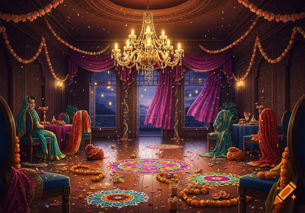 A richly decorated Indian function room at night, adorned with chandeliers, garlands, and colorful rangoli patterns on the floor, scattered with petals.