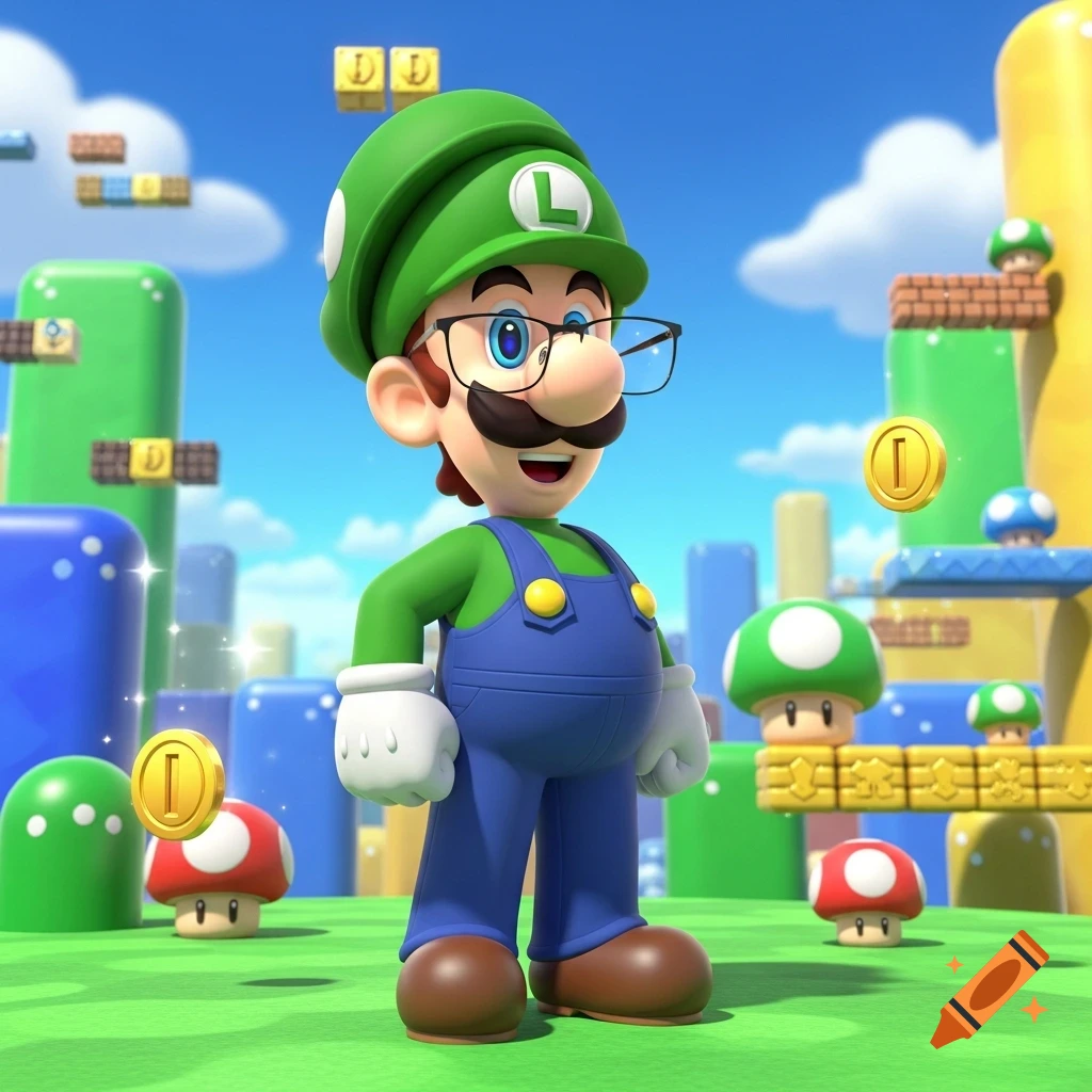 Luigi from Super Mario, wearing prescription glasses, stands smiling in a bright 3D cartoon landscape with coins and mushrooms.