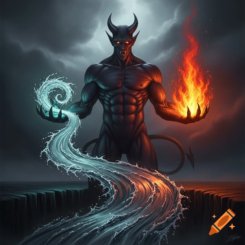 A muscular, horned black devil stands against a stormy sky, holding a swirling river in one hand and a fiery blaze in the other.
