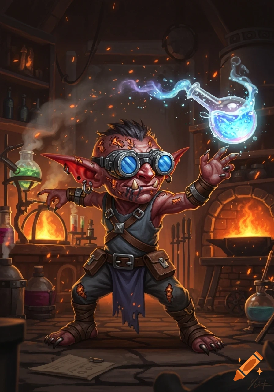 A red-skinned goblin alchemist with goggles and a mohawk conjures a glowing blue flask in a bustling fantasy lab with a forge.