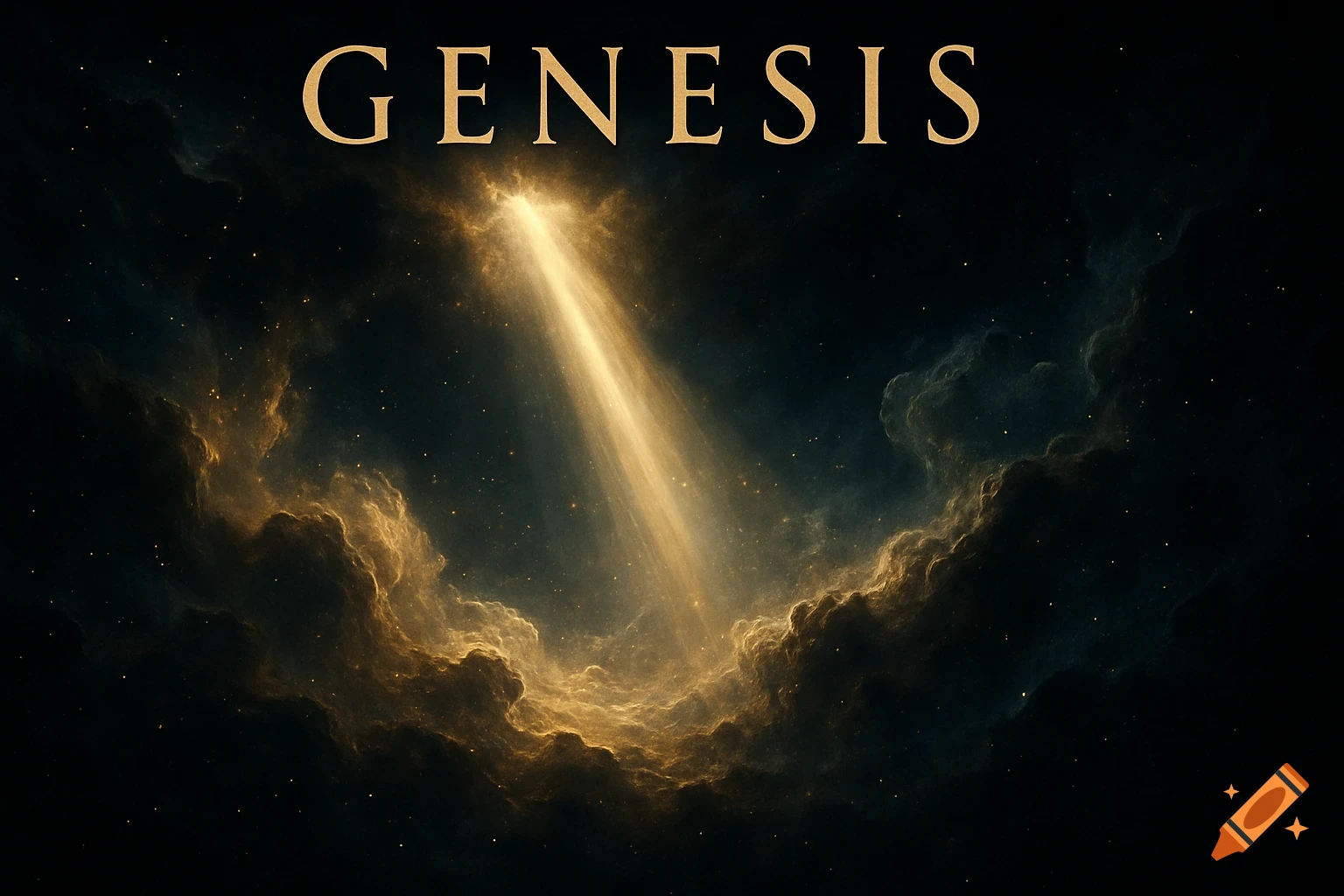 The word GENESIS above an epic cosmic scene with a golden beam of light breaking through dark, swirling nebulae and stars.
