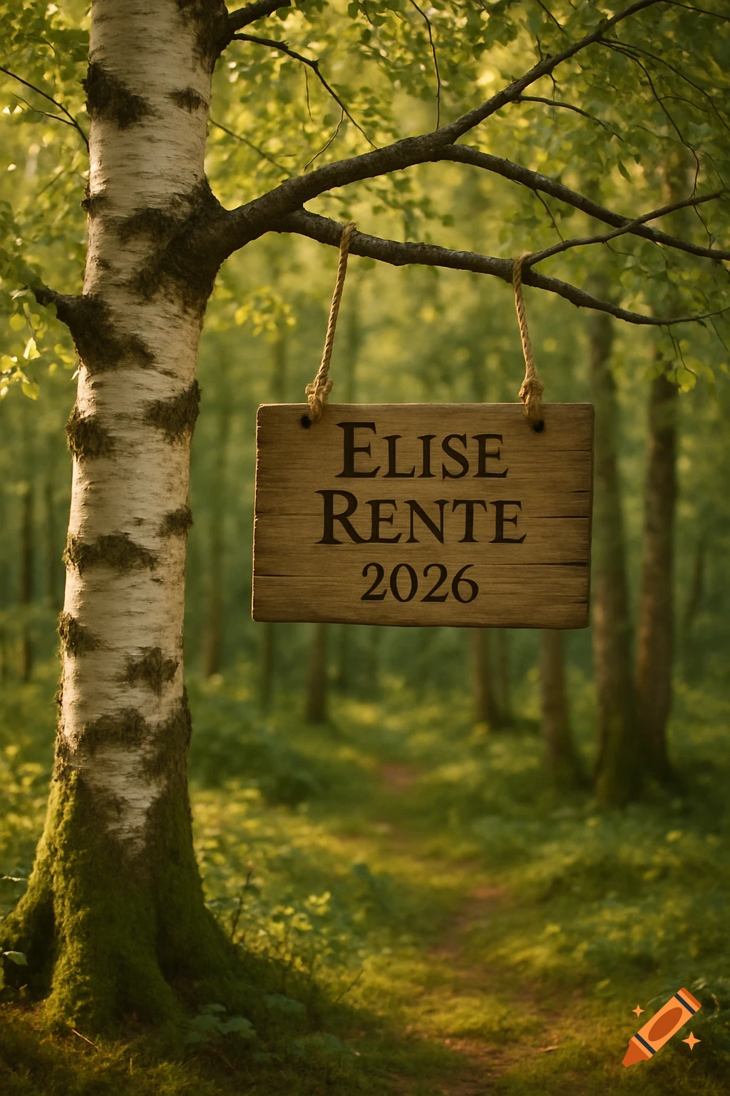 A rustic wooden sign hanging from a birch tree branch in a sunlit forest, with "ELISE RENTE 2026" inscribed.