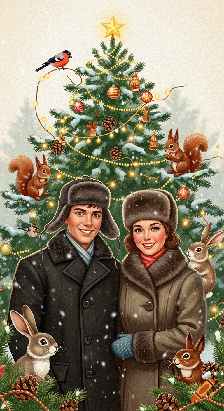 Smiling couple in winter coats and fur hats, with a decorated Christmas tree, squirrels, bunnies, and a bullfinch in a vintage illustration style.
