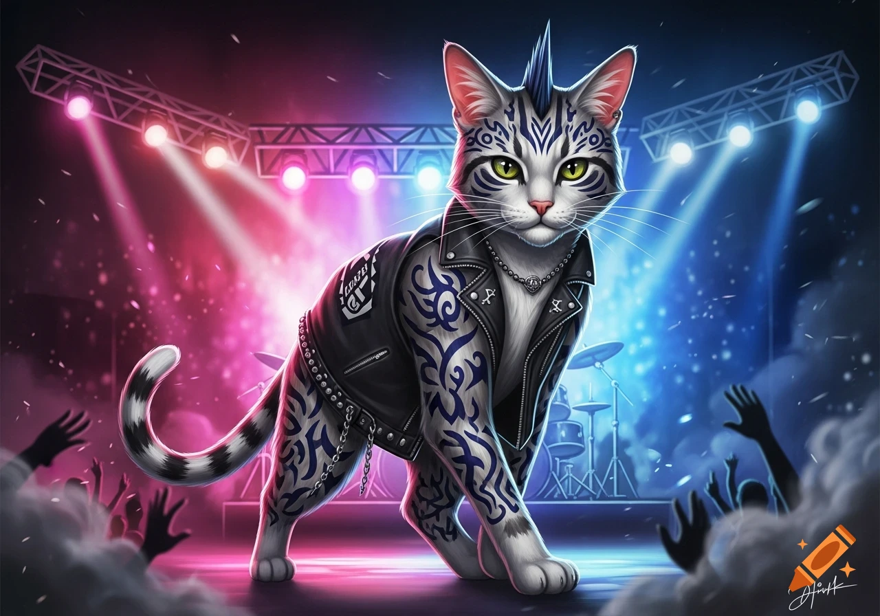 A cool punk rock cat with a blue mohawk and tattoos wears a studded leather jacket and necklace on a stage with pink and blue lights, while a crowd cheers.