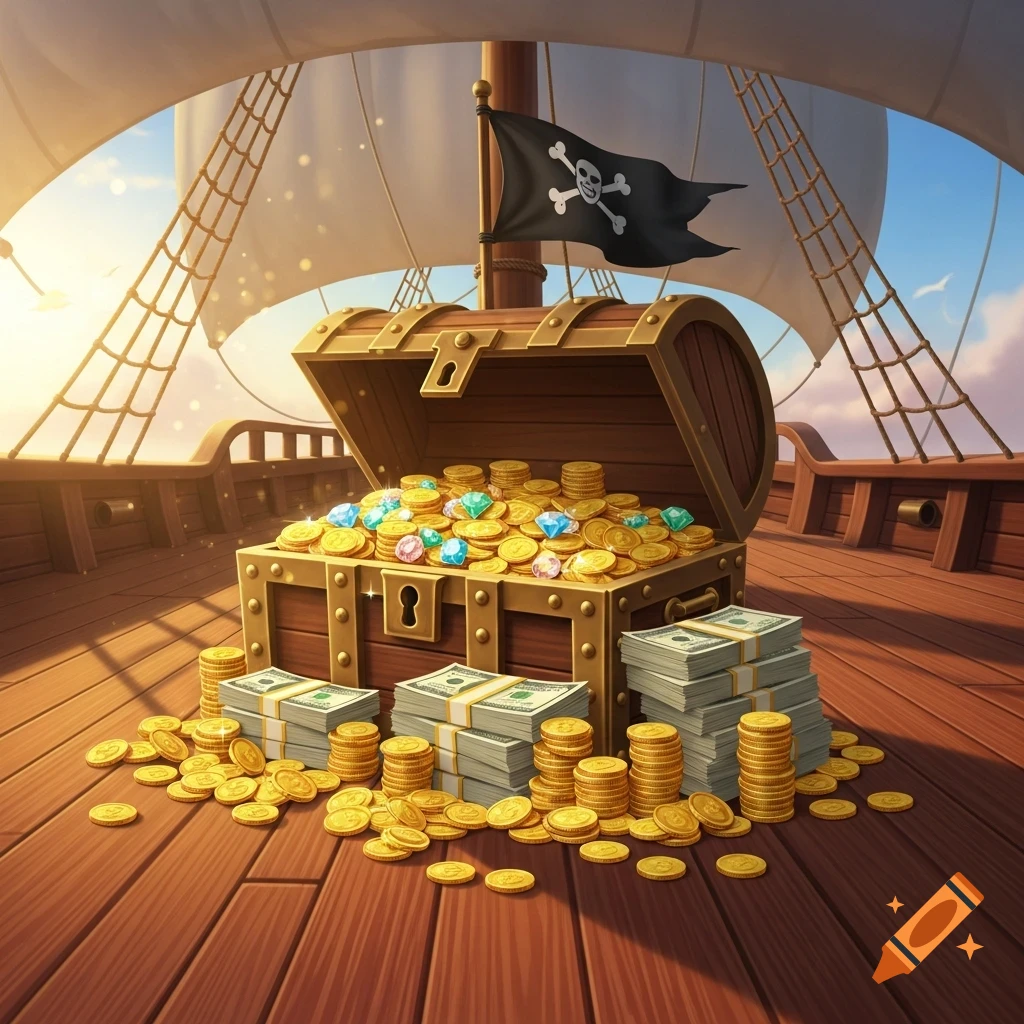 An open treasure chest overflowing with gold coins and colorful gems on a pirate ship's wooden deck, with stacks of money, under a sunny sky and a pirate flag.