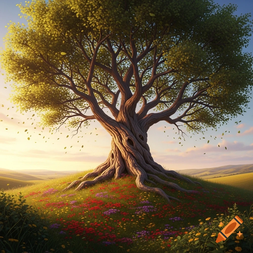 A large, old tree with extensive roots stands prominently on a wildflower-covered hill at sunset, under a vibrant sky.