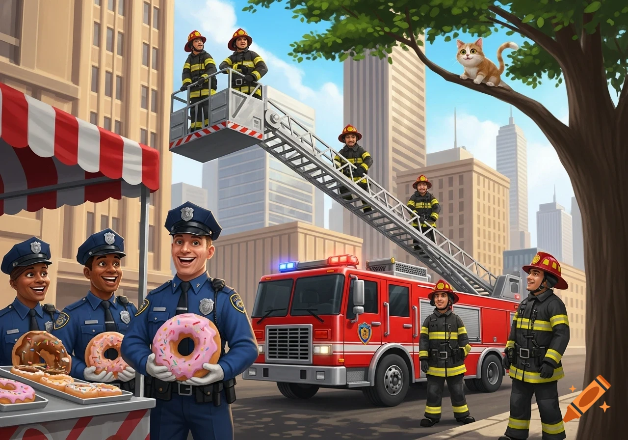 Happy police officers hold donuts near a stand while firefighters on a ladder prepare to rescue a cat from a tree in a cartoon city.
