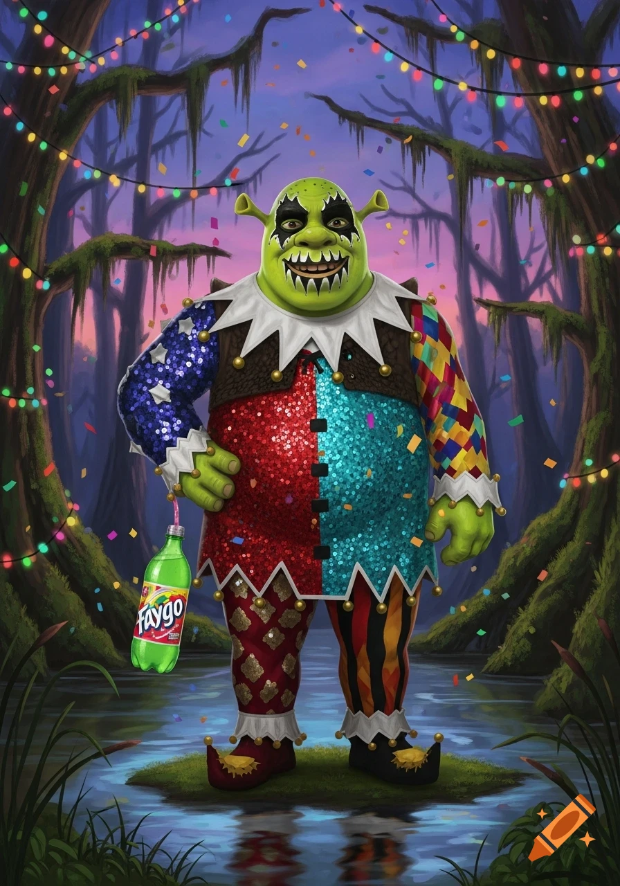 Shrek as a grinning juggalo jester in a sequined costume, holding Faygo in a festive swamp with confetti.