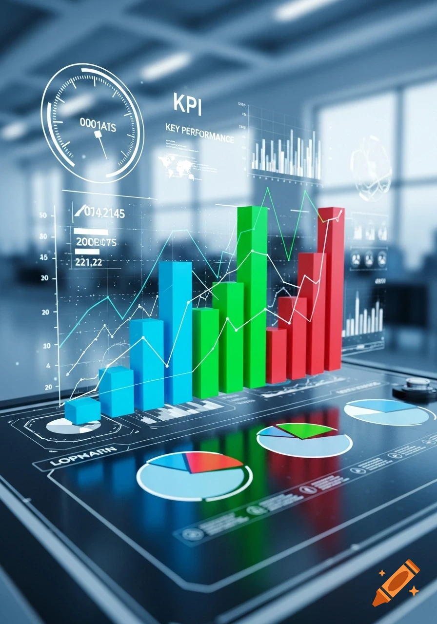 Holographic 3D charts and graphs displaying business data and key performance indicators in an office.