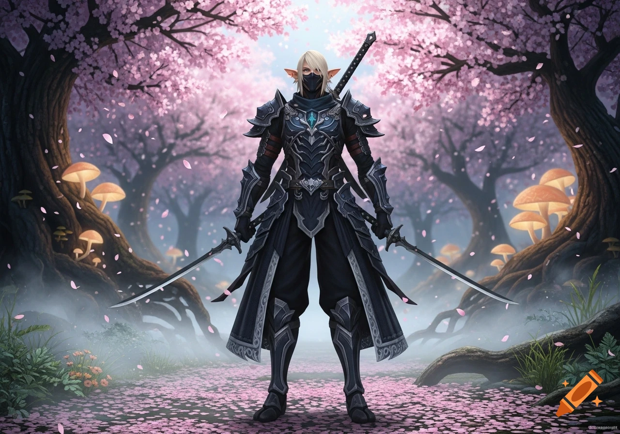 An armored elf ninja with blonde hair and dual swords stands amidst falling pink cherry blossoms in a misty forest.