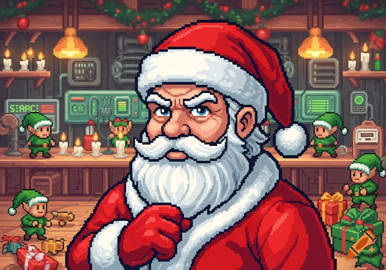 Pixel art of a serious Santa Claus with elves and gifts in his workshop.