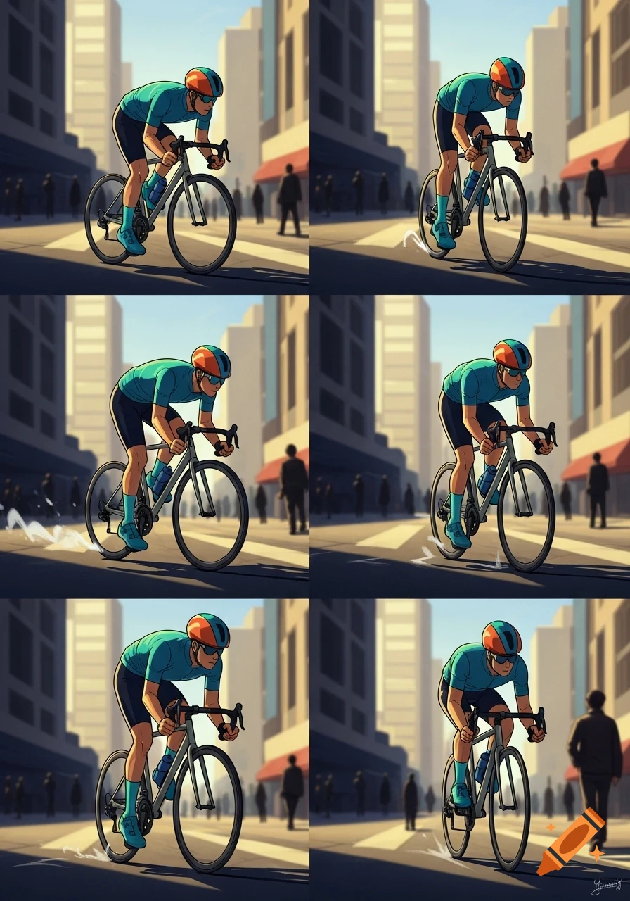A grid of six illustrations shows a male cyclist in a teal shirt and orange helmet pedaling a bicycle down a city street, with legs in different positions.
