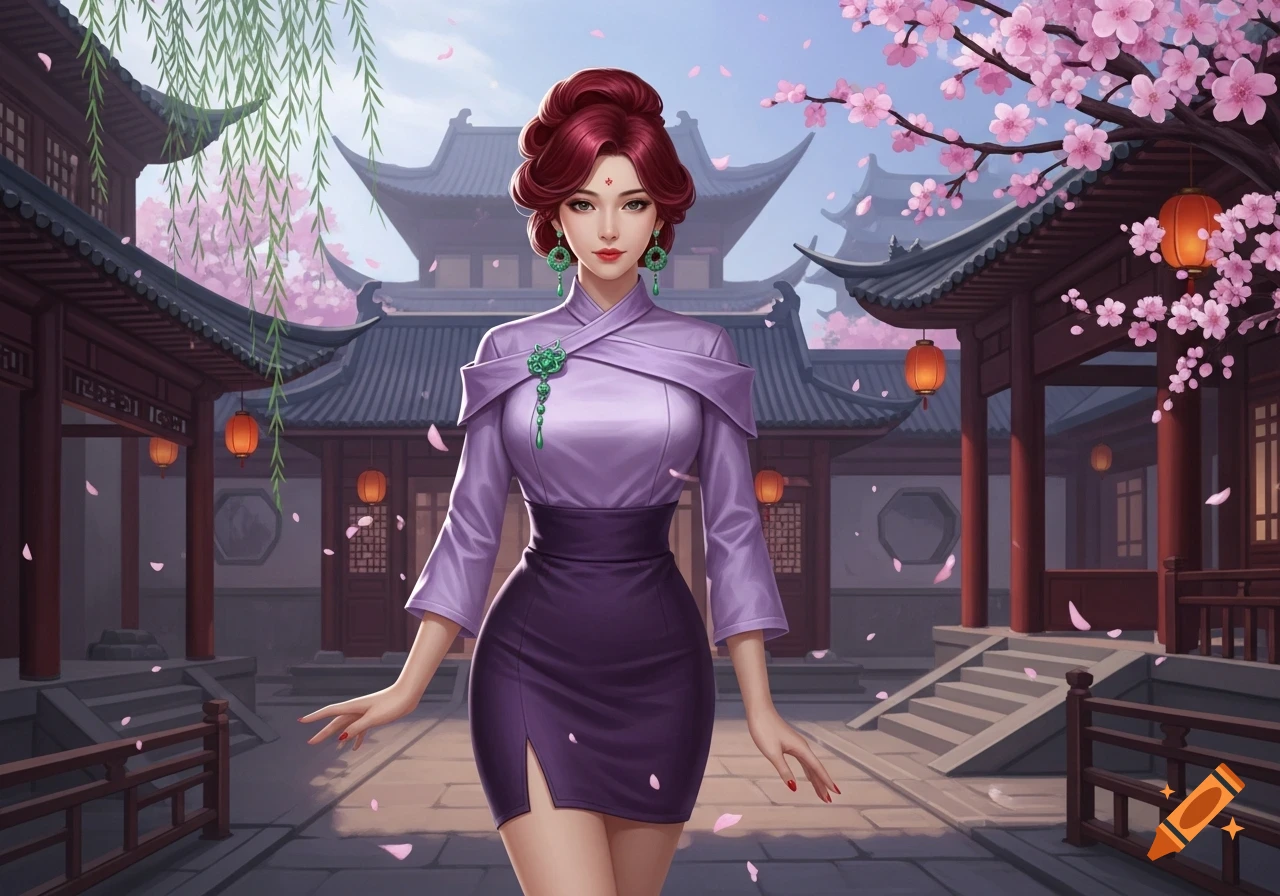 An illustrated portrait of a beautiful woman with red hair in a purple dress, standing in a traditional Asian courtyard with cherry blossoms.