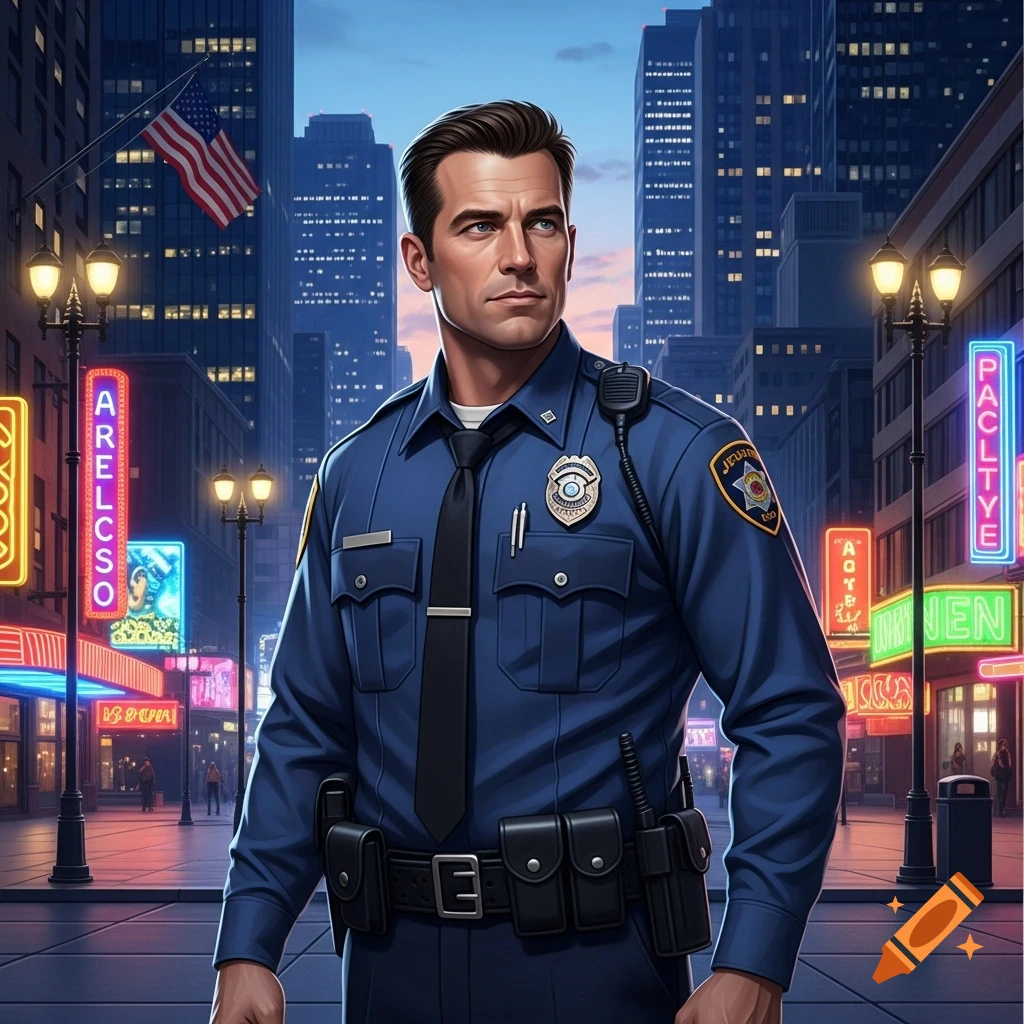 A stylized digital art portrait of a male police officer in a blue uniform, standing on a city street at dusk, with neon signs and tall buildings in the background.