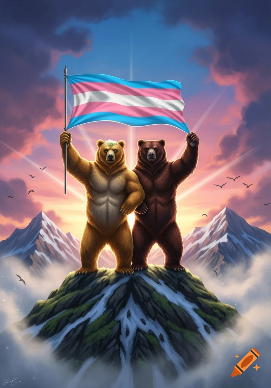 Two muscular bears stand on a mountain peak, holding a transgender flag aloft against a dramatic sunrise sky in a stylized illustration.