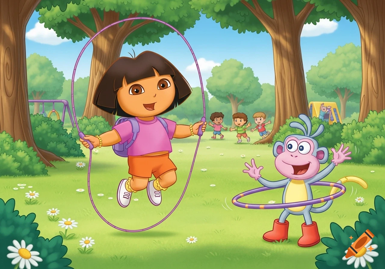Dora the Explorer jumps rope in a park, while Boots the monkey plays with a hula hoop nearby. Other children are in the background.