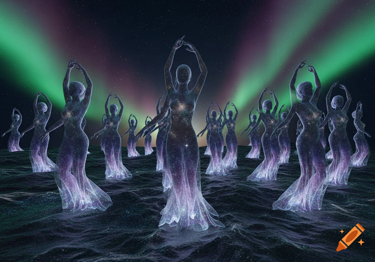 Many cosmic women with starry, translucent bodies and flowing robes dance on dark, rippling water under a night sky illuminated by green and purple aurora.