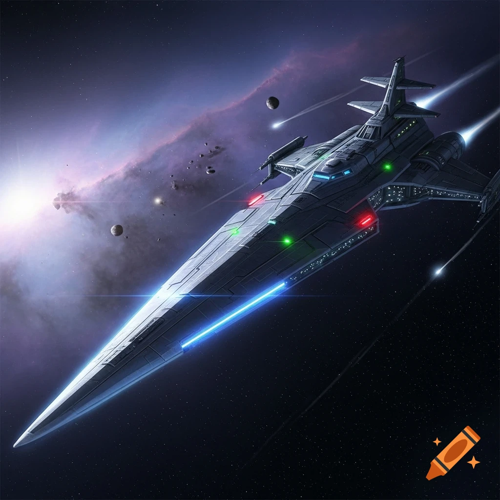 A sleek, dagger-shaped spaceship with glowing blue and red lights flies through a purple nebula and stars in deep space.