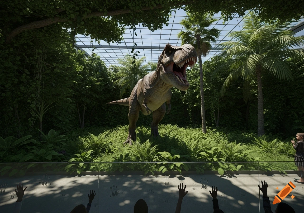 A photorealistic Tyrannosaurus Rex roars in a lush zoo enclosure as visitors watch from behind a glass barrier.