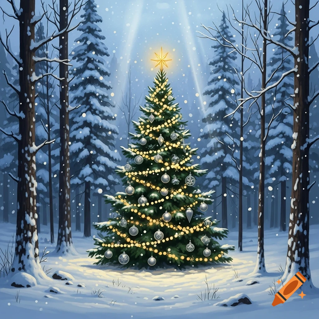 A decorated Christmas tree with golden lights and ornaments stands in a ...