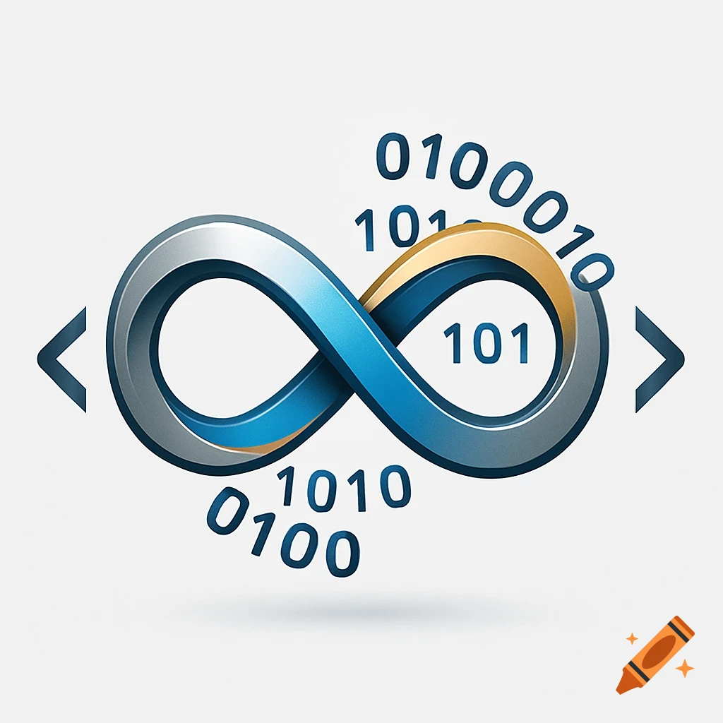 A blue and gold 3D infinity symbol surrounded by binary code and angle brackets, representing technology and mathematics.
