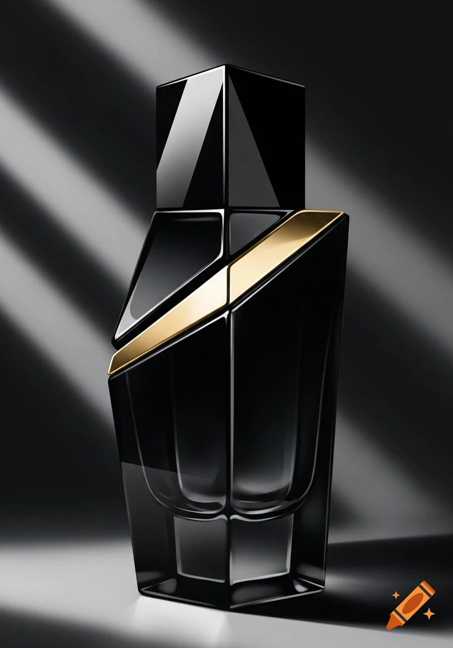 Ultra-modern minimalist black perfume bottle with a gold accent and reflective surfaces on a dark background.