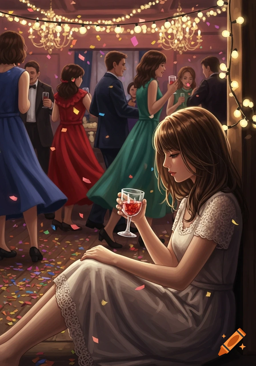 An illustration of a sad woman in a white dress sitting alone at a lively party, holding a wine glass.