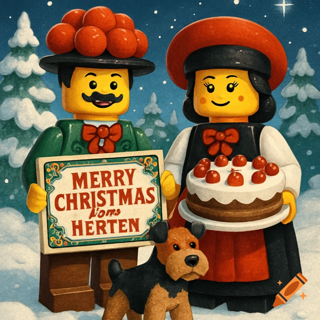 A Lego man and woman in traditional Black Forest attire stand in a snowy Christmas scene with a dog. The man holds a 'Merry Christmas' sign, and the woman holds a cake.
