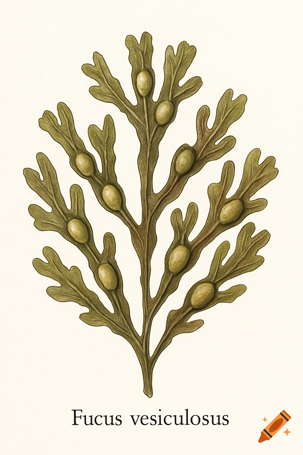 Scientific illustration of Fucus vesiculosus seaweed with branching fronds and prominent air bladders, on a white background.