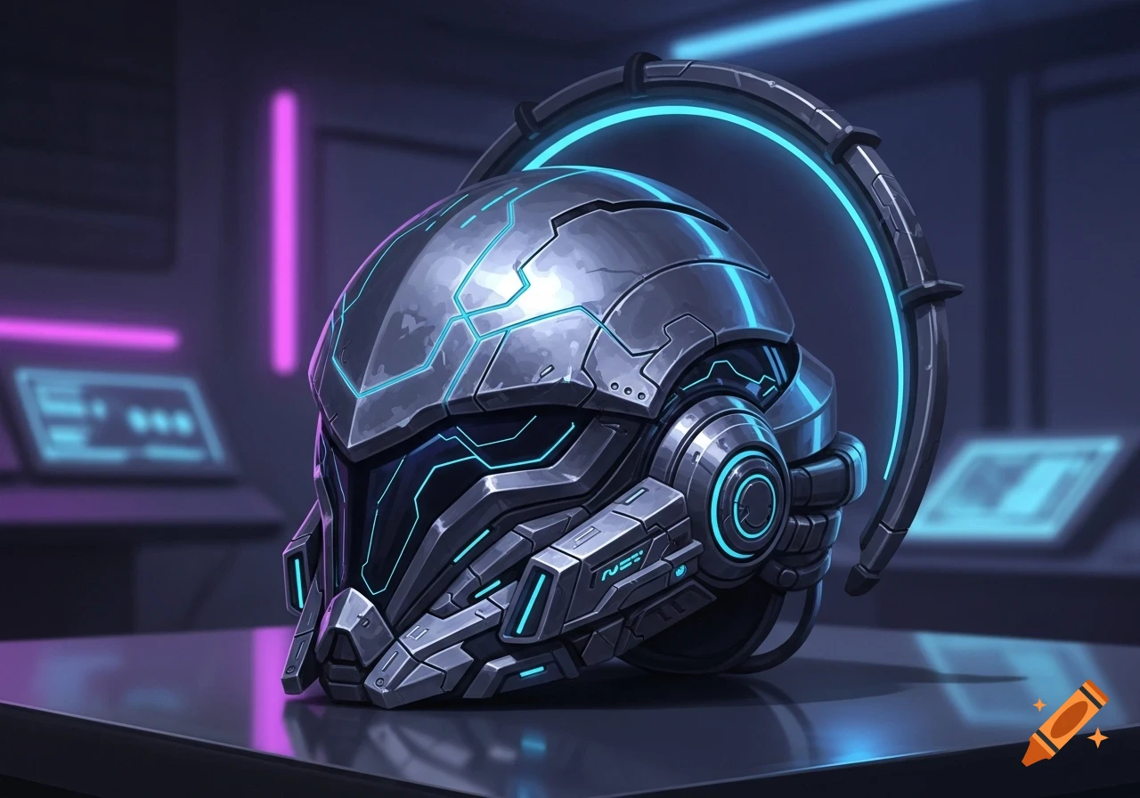 A detailed, silver and blue futuristic helmet with glowing accents on a dark table, with neon lights in the background.