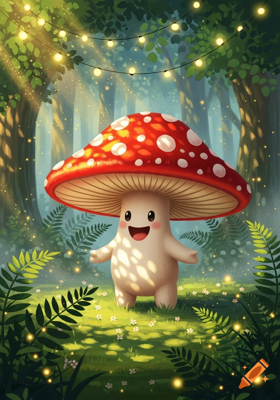 A happy cartoon mushroom character with a red and white spotted cap stands in a magical forest with fairy lights.