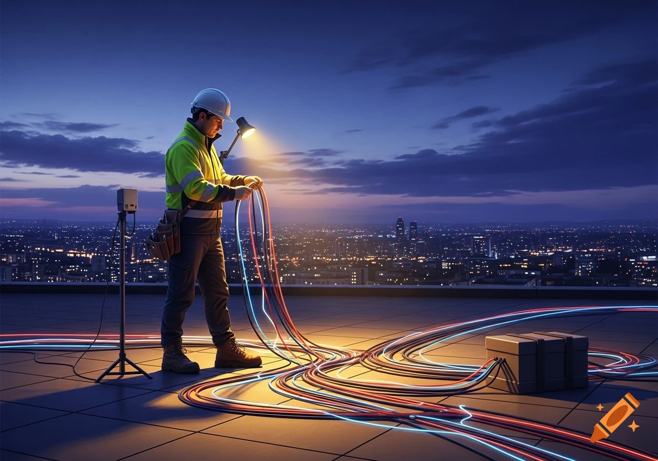An electrician on a city rooftop at dusk, holding glowing colorful cables, with a sprawling city skyline behind him.