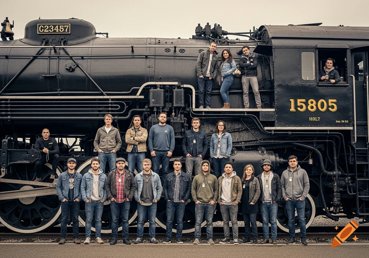 A large group of people posing in various positions on and in front of a black steam locomotive against a grey sky.