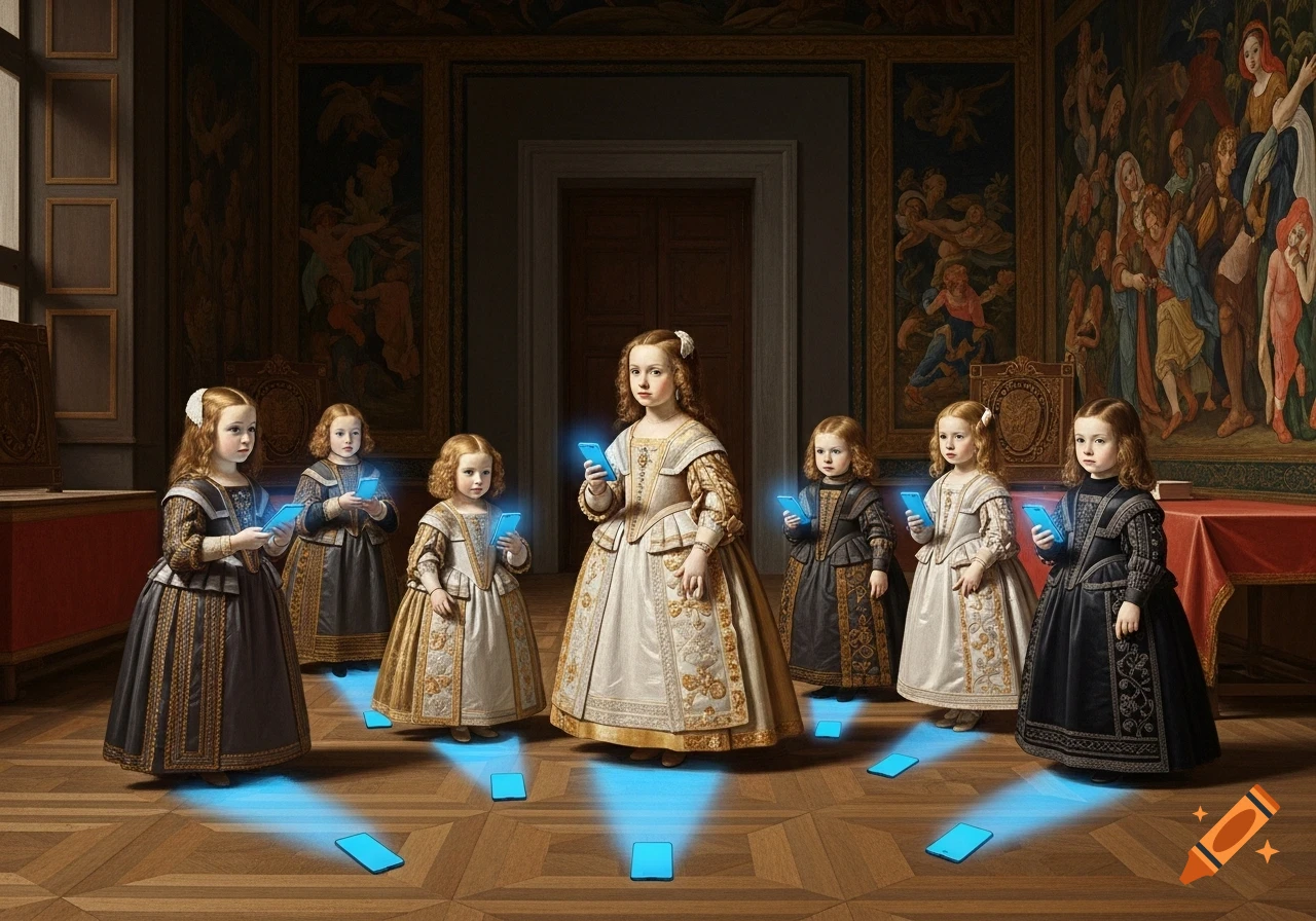 Young girls in historical dresses hold glowing blue smartphones in a grand hall, a reinterpretation of Las Meninas.