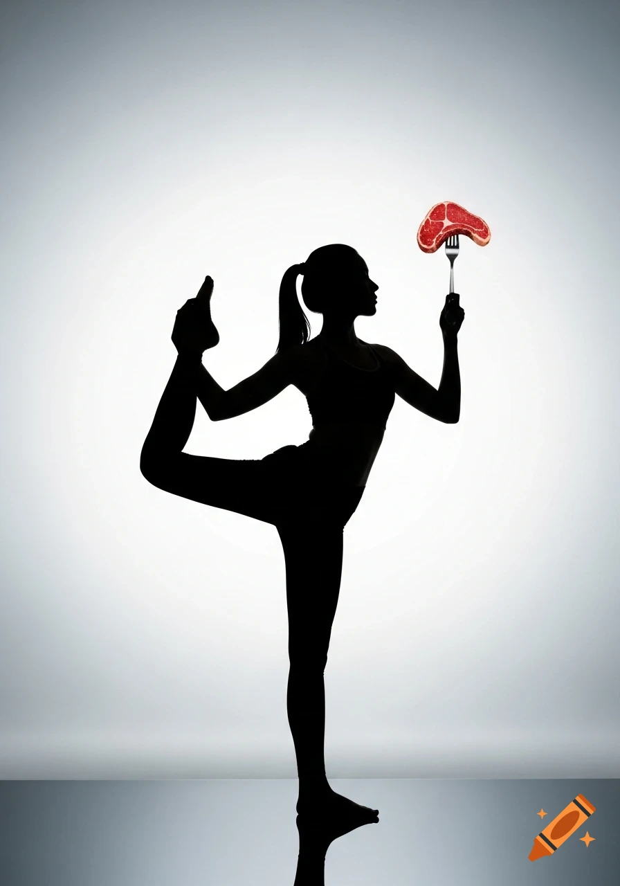 Silhouette of a woman in a yoga pose, holding a raw steak on a fork.