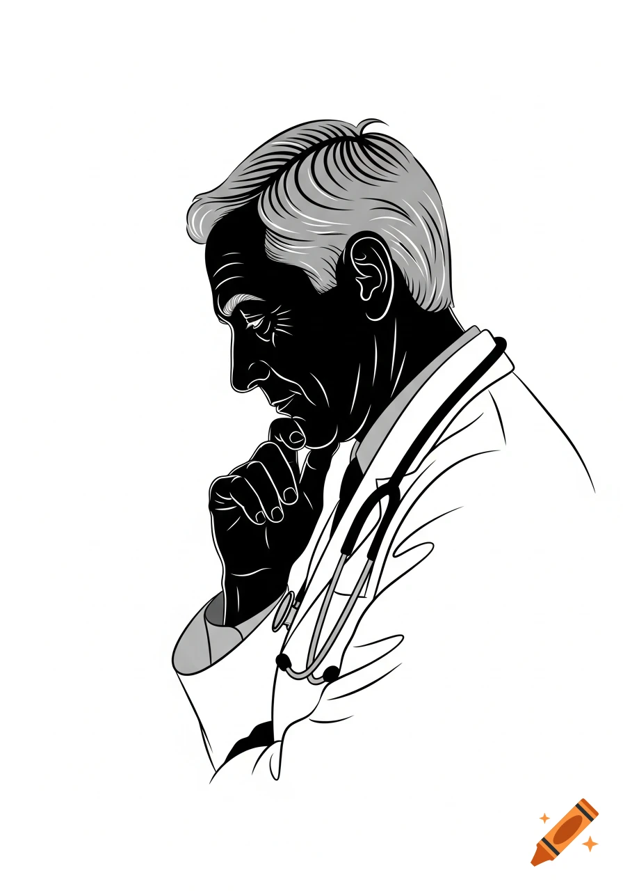 Black and white vector silhouette of a thoughtful male doctor with gray hair and a stethoscope, hand on chin.
