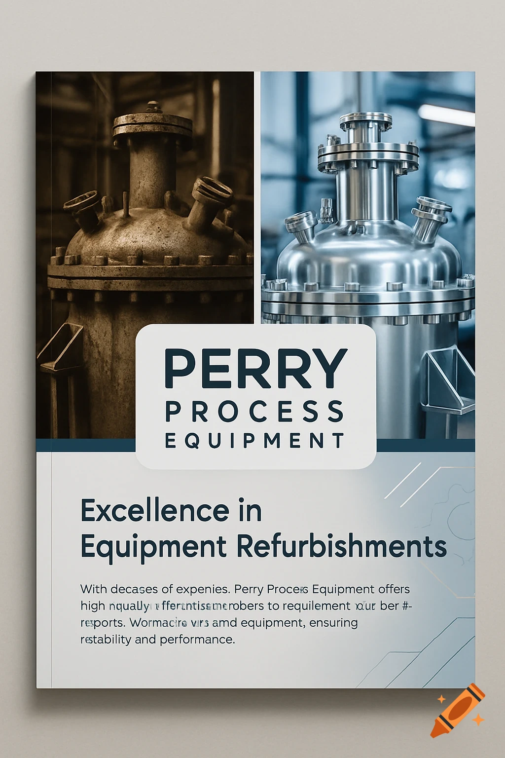 Magazine advert showing old, rusty industrial equipment on the left and a shiny, refurbished version on the right, with text about equipment refurbishment.