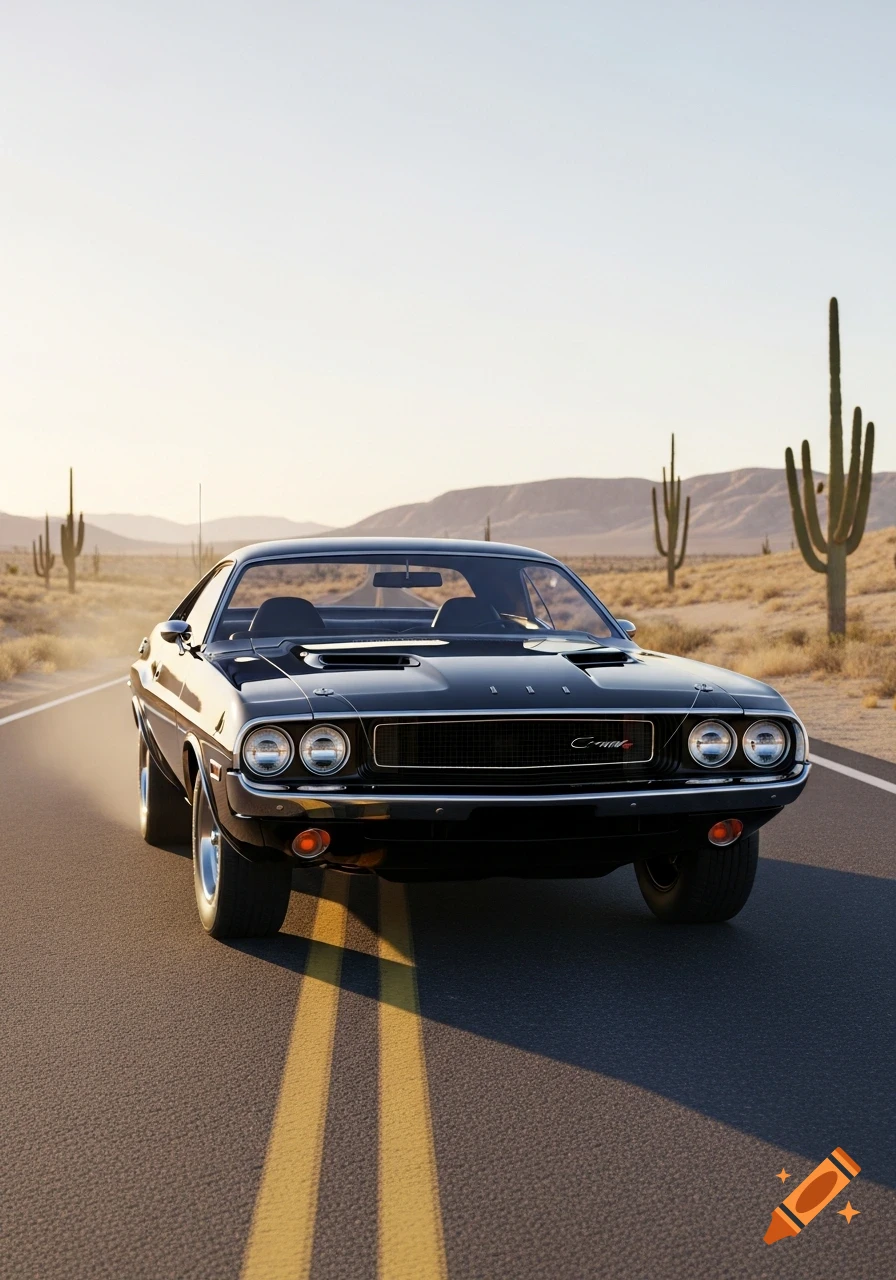 A black 1970 Dodge Challenger muscle car drives on a desert road with saguaro cacti under a clear sky.