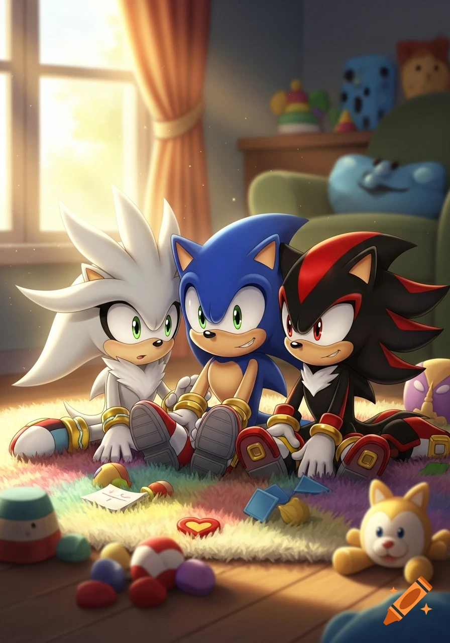 Silver, Sonic, and Shadow the Hedgehogs sit on a colorful rug, playing with toys in a brightly lit room. Cartoon style.