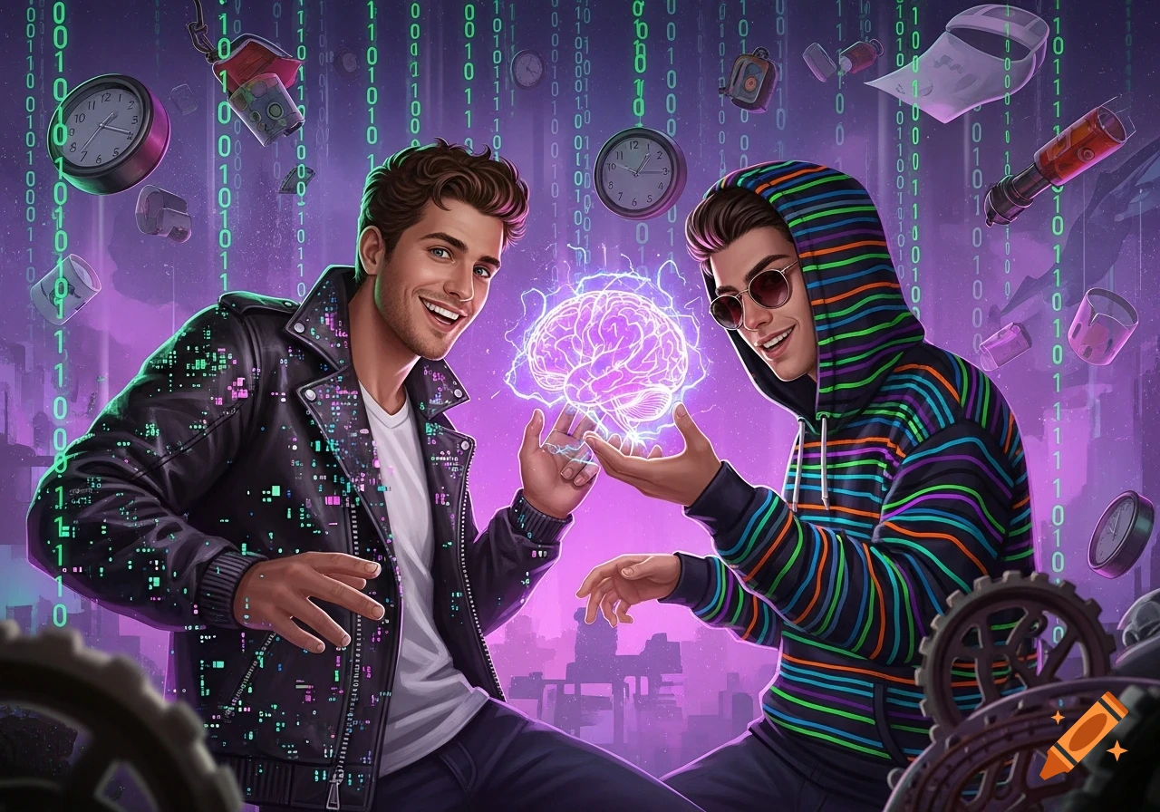 Two young men, one in a glitch-pattern jacket and one in a striped hoodie, holding a glowing brain amidst falling binary code and tech objects, in a digital art style.